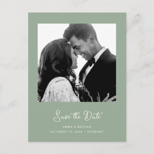 Carte Postale Faire-part Photo verte Sage | Code QR Enregistrer La Date (Devant)