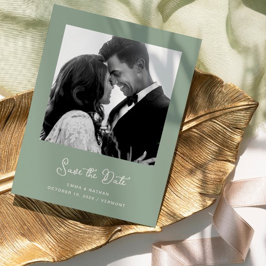 Carte Postale Faire-part Photo verte Sage | Code QR Enregistrer La Date