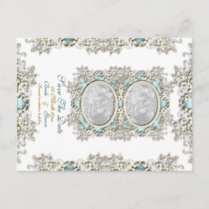 Carte Postale Faire-part Photo vintage filigree bleu blanc