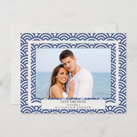Carte Postale Faire-part Photographie de save the date avec vagues Seigaiha (Devant / Derrière)