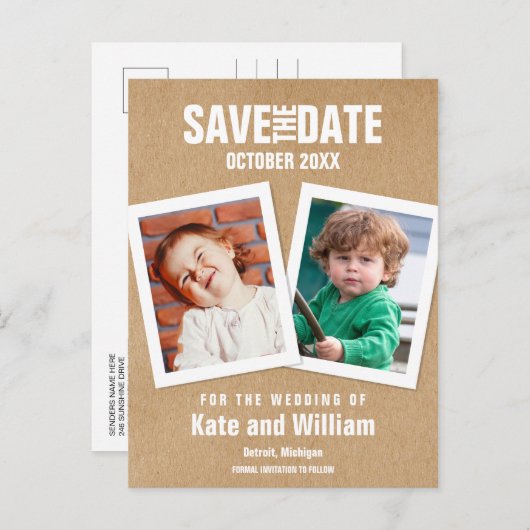 Carte Postale Faire-part Photos d'enfance Enregistrez la date Boho Rustique (Devant / Derrière)