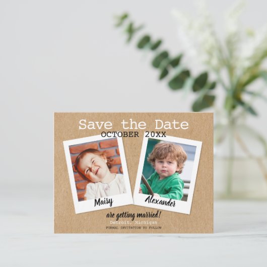 Carte Postale Faire-part Photos d'enfance Enregistrez la date Rustique Bohè (Debout devant)