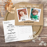 Carte Postale Faire-part Photos d'enfance rustiques Sauvez la date<br><div class="desc">Personnalisez avec vos photos d'enfance pour créer une carte de date unique. Le verso contient des détails supplémentaires sur la date,  y compris votre site Web mariage,  avec votre adresse de retour et l'espace pour l'adresse de votre destinataire.</div>