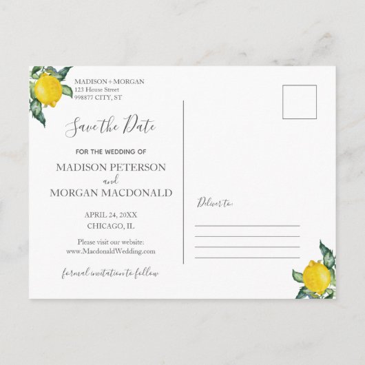 Carte Postale Faire-part Photos personnalisées citrons Enregistrer la date (Dos)