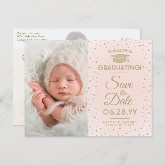 Carte Postale Faire-part Photos Then & Now Diplôme Enregistrez la date Rose (Devant / Derrière)