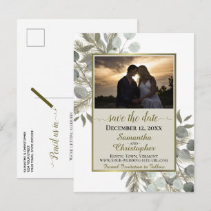 Carte Postale Faire-part Pin rustique & Eucalyptus Tan Photo de mise en pag