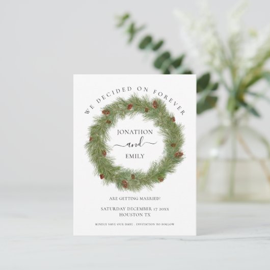 Carte Postale Faire-part Pine Cones Foliage Noël Mariage Enregistrer la dat (Debout devant)
