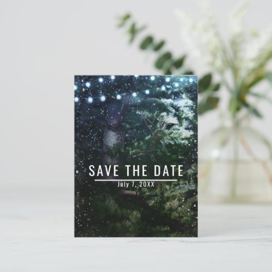 Carte Postale Faire-part Pine Tree & Lights Mariage d'hiver Enregistrer la (Debout devant)