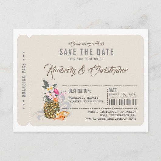Carte Postale Faire-part Pineapple Boarding Pass Ticket Enregistrer la date (Devant)
