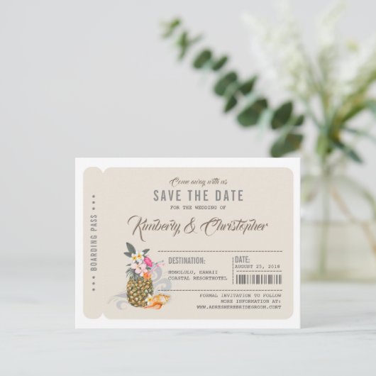 Carte Postale Faire-part Pineapple Boarding Pass Ticket Enregistrer la date (Debout devant)