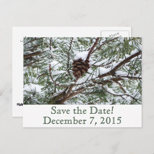 Carte Postale Faire-part Pinecone neige Enregistrer la date (Devant / Derrière)