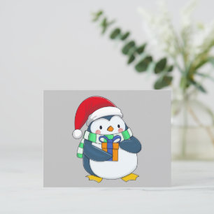 Carte Postale Faire-part Pingouin dans un casquette de Noël avec cadeau Pil