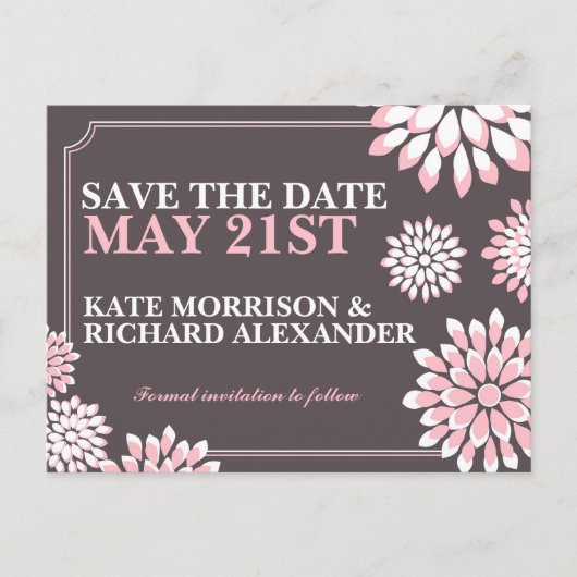 Carte Postale Faire-part Pink and Grey Floral Save the Date Postcard (Devant)