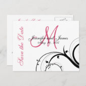 Carte Postale Faire-part Pink, Black, White Swirls Enregistrer la date Cart (Devant / Derrière)