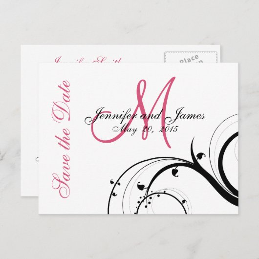 Carte Postale Faire-part Pink, Black, White Swirls Enregistrer la date Cart (Devant / Derrière)