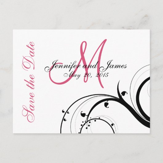 Carte Postale Faire-part Pink, Black, White Swirls Enregistrer la date Cart (Devant)