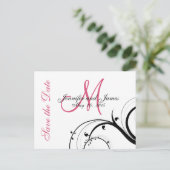 Carte Postale Faire-part Pink, Black, White Swirls Enregistrer la date Cart (Debout devant)