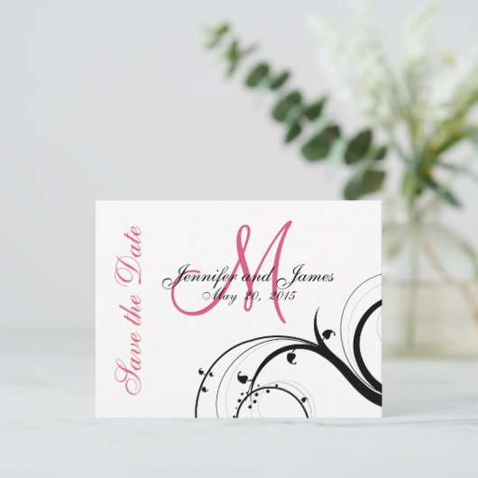 Carte Postale Faire-part Pink, Black, White Swirls Enregistrer la date Cart (Debout devant)
