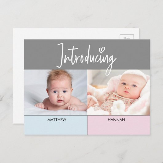 Carte Postale Faire-part Pink Blue Introduction Script Twins garçon et fill (Devant / Derrière)