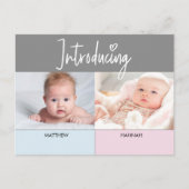 Carte Postale Faire-part Pink Blue Introduction Script Twins garçon et fill (Devant)