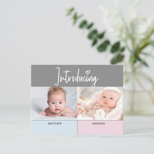 Carte Postale Faire-part Pink Blue Introduction Script Twins garçon et fill (Debout devant)