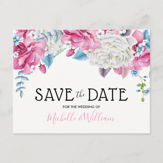 Carte Postale Faire-part Pink Blue Summer Floral Enregistrer la date (Devant)