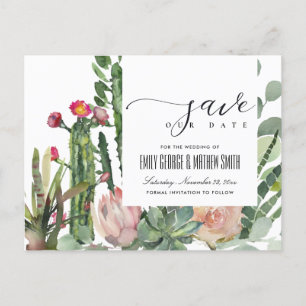 CARTE POSTALE FAIRE-PART PINK FLORAL DESERT CACTI FOLIAGE ENREGISTRER LA DA