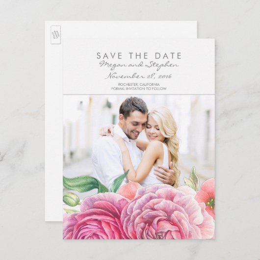 Carte Postale Faire-part Pink Floral Elegant Photo Enregistrer la date (Devant / Derrière)