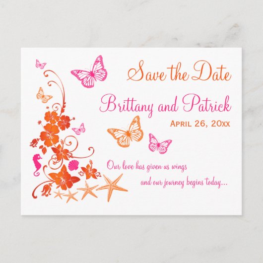 Carte Postale Faire-part Pink, Orange Tropical Beach Enregistrer la date Ca (Devant)