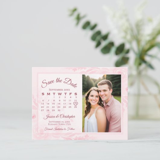 Carte Postale Faire-part Pink Peonies Wedding Save the Date Calendar Photo (Debout devant)