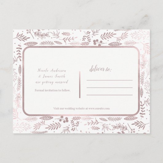 Carte Postale Faire-part Pink Rose Gold Foil Script moderne Enregistrer la (Dos)