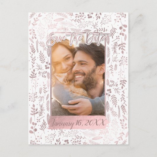 Carte Postale Faire-part Pink Rose Gold Foil Script moderne Enregistrer la (Devant)