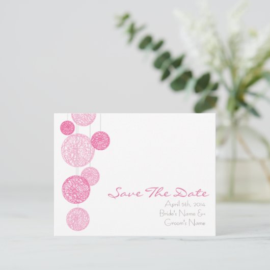 Carte Postale Faire-part Pink Twine Globes Mariage Enregistrer La Date (Debout devant)