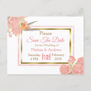 Carte Postale Faire-part PInk Vintage Bird Floral Wedding Enregistrer la da