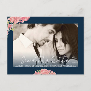 Carte Postale Faire-part Pivoines roses fleurs bleu rose date de mariage à 