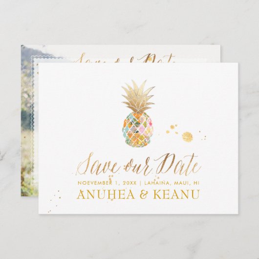 Carte Postale Faire-part PixDezines Aloha Ananas/Bleu/Enregistrer la date (Devant / Derrière)