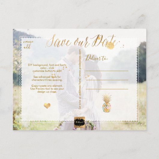 Carte Postale Faire-part PixDezines Aloha Ananas/Bleu/Enregistrer la date (Dos)