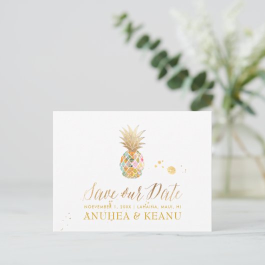 Carte Postale Faire-part PixDezines Aloha Ananas/Bleu/Enregistrer la date (Debout devant)