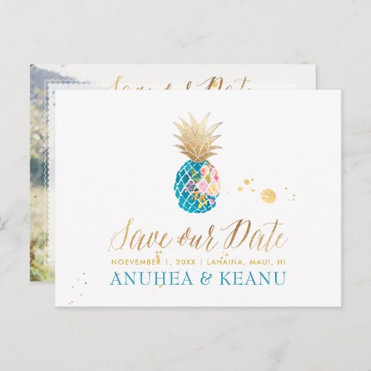 Carte Postale Faire-part PixDezines Aloha Ananas/Turquoise/Événement à veni (Devant / Derrière)