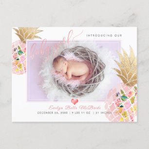 Carte Postale Faire-part PixDezines Ananas + Fille, Écriture Fausse Feuille