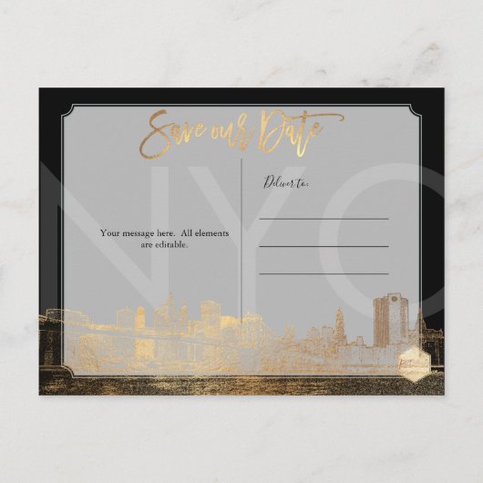 Carte Postale Faire-part PixDezines/Date d'enregistrement/Faux Gold/NYC (Dos)