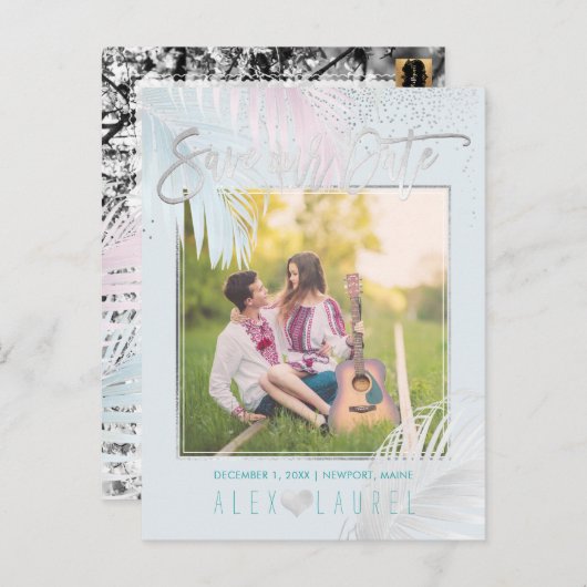 Carte Postale Faire-part PixDezines Économisez la date/Palmiers/Platine+Aqu (Devant / Derrière)