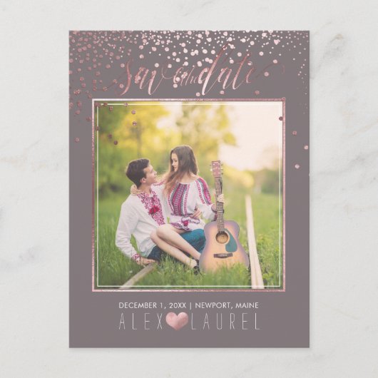 Carte Postale Faire-part PixDezines Enregistrer la date/Faux Rose Gold Conf (Devant)