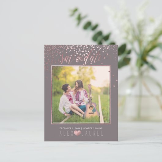 Carte Postale Faire-part PixDezines Enregistrer la date/Faux Rose Gold Conf (Debout devant)
