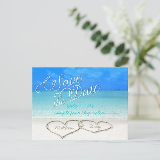 Carte Postale Faire-part PixDezines/enregistrer la date/les coeurs/le sable (Debout devant)