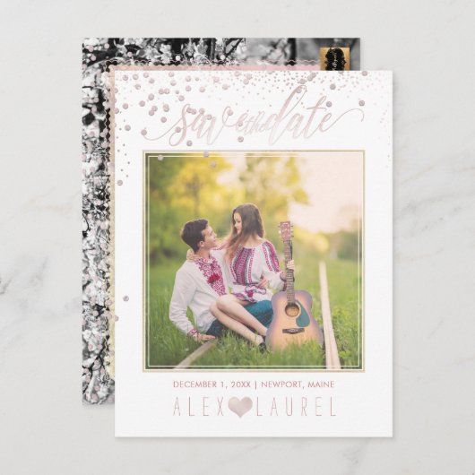 Carte Postale Faire-part PixDezines Enregistrez la date/Confettis rose blus (Devant / Derrière)