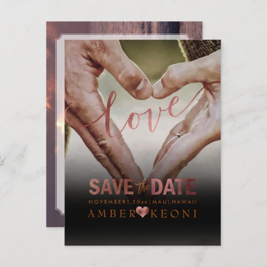 Carte Postale Faire-part PixDezines Faux Copper Enregistrer la date/le coeu (Devant / Derrière)