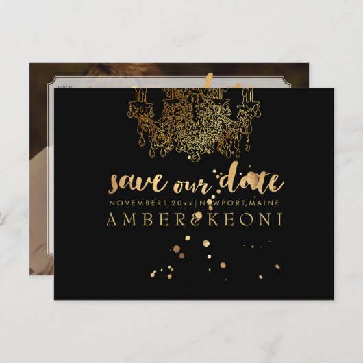 Carte Postale Faire-part PixDezines Faux Or Chadelier/enregistrer notre dat (Devant / Derrière)