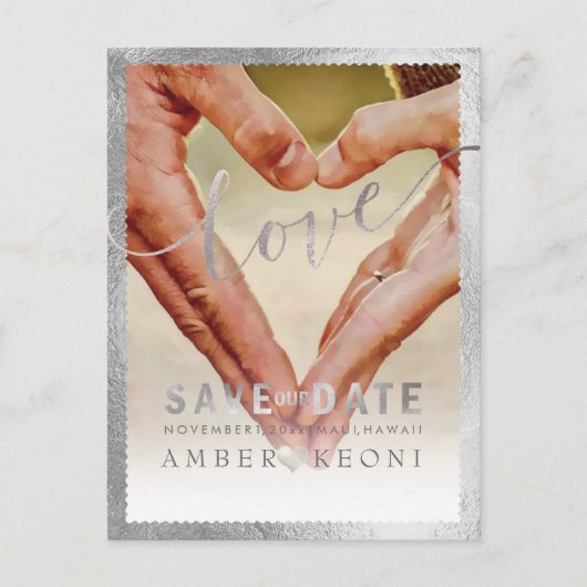 Carte Postale Faire-part PixDezines Faux Silver Enregistrer la date/le coeu (Devant)