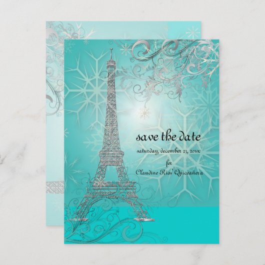 Carte Postale Faire-part PixDezines Faux Silver Tour Eiffel/Turquoise (Devant / Derrière)